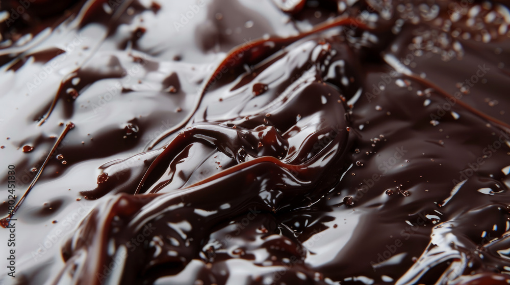 A close up view of a chocolate glaze melted to perfection on a cake. The glaze is smooth and shiny. A close up view of a chocolate glaze melted to perfection on a cake. The glaze is smooth and shiny.