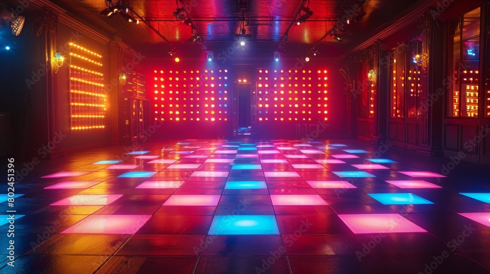 Empty nightclub with vibrant lights and a dance floor, waiting for the nights festivities to begin