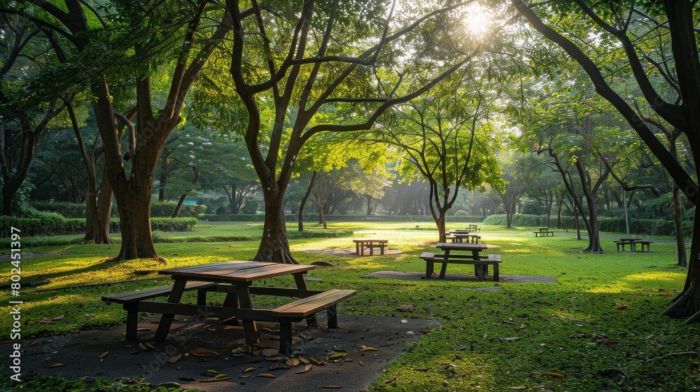Empty picnic area in a park with tables and a green environment, perfect for social gathering themes