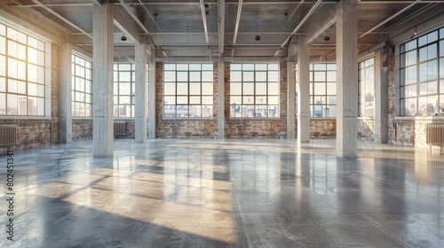Expansive empty industrial loft with high ceilings  bare walls  and large windows  perfect for a clean and modern aesthetic