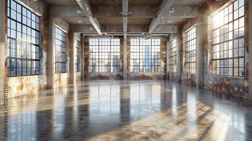 Expansive empty industrial loft with high ceilings, bare walls, and large windows, perfect for a clean and modern aesthetic