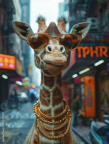 funny giraffe cartoon, cool sunglasses and gold necklace, wildlife and nature. Wall Art Design for Home Decor, 4K Wallpaper and Background for desktop, laptop, Computer, Tablet, Mobile Cell Phone