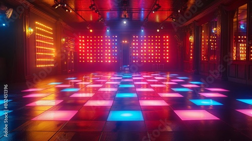 Empty nightclub with vibrant lights and a dance floor, waiting for the nights festivities to begin photo