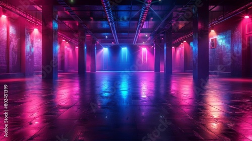 Empty nightclub with vibrant lights and a dance floor, waiting for the nights festivities to begin photo