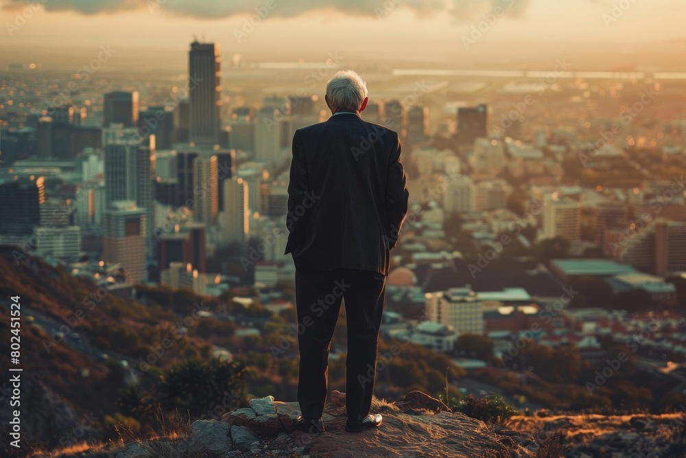 Elderly businessman on a hill, looking back on a successful career with a city in the background