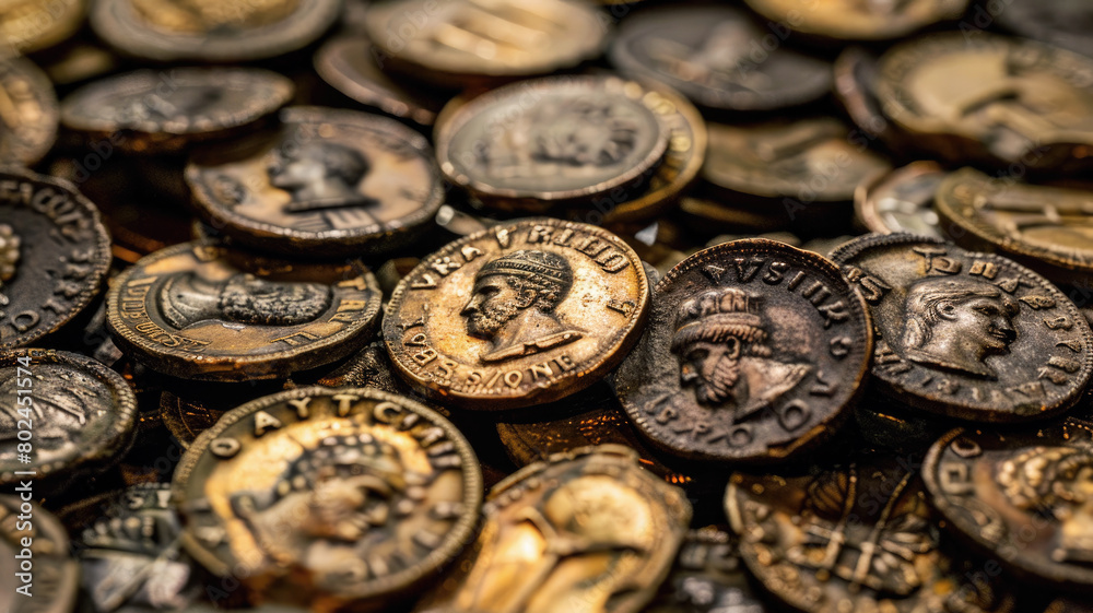 Ancient Greek Roman copper and gold coins, pile of old money for vintage background. Theme of antique, treasure, collection and history of Greece and Rome. Generative AI