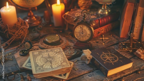 images showcasing a variety of astrological tools such as Tarot cards, astrology books, fortune-telling cards, and navigation instruments arranged on a vintage wooden table with soft lighting