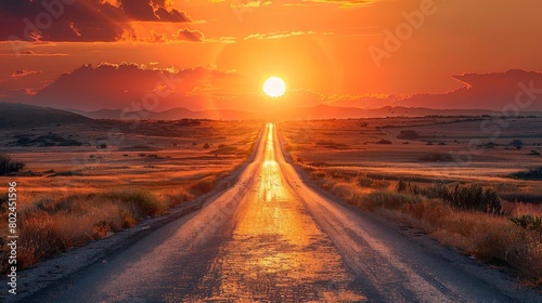 Desolate road stretching into a sunset, surrounded by open landscapes, emphasizing solitude and distance