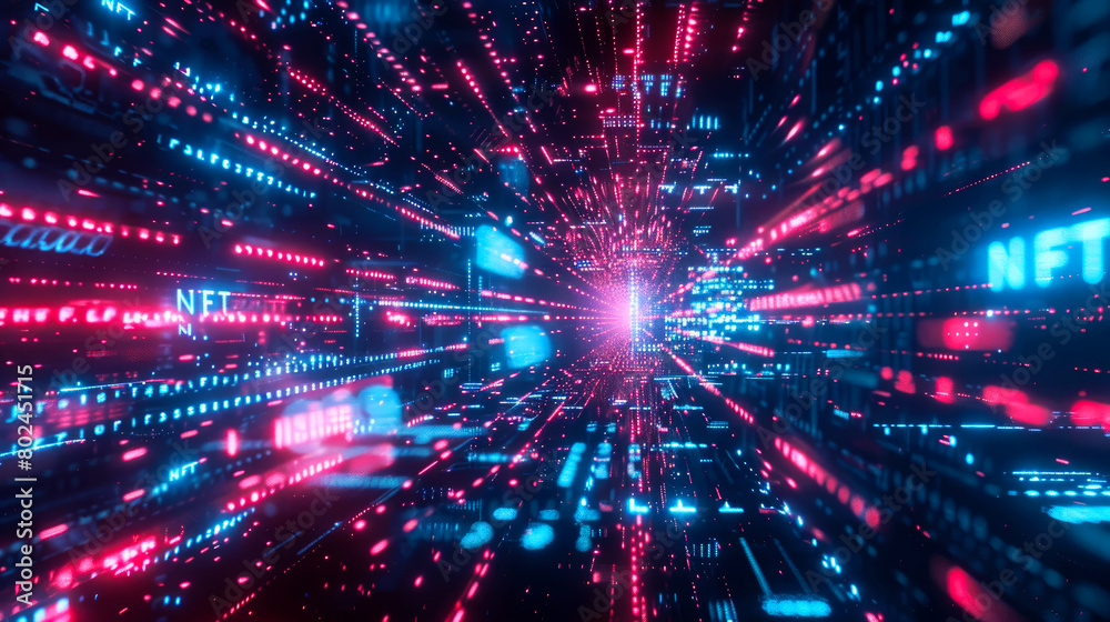 Digital tunnel of NFT, modern token on cyber tech abstract background. Theme of blockchain, crypto art, data, bitcoin, space, technology. Digital tunnel of NFT, modern token on cyber tech abstract background. Theme of blockchain, crypto art, data, bitcoin, space, technology.