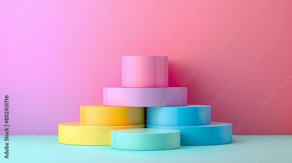 Colorful stacked podiums in a playful cartoonstyle background, suitable for children s toys and casual lifestyle products Colorful stacked podiums in a playful cartoonstyle background, suitable for children s toys and casual lifestyle products
