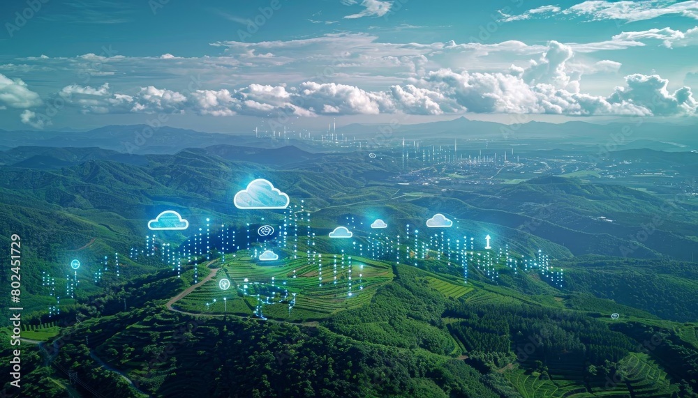 Cloud computing icons floating over a digital landscape, perfect for ...