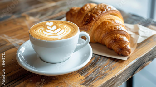 A cup of cappuccino with elaborate latte art is placed on a coffee shop table next to a croissant. The table is made of wood.