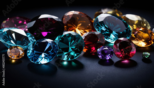Various colored diamonds arranged neatly on a black background  showcasing their unique hues