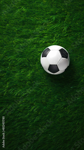 Soccer ball on green grass background  top view