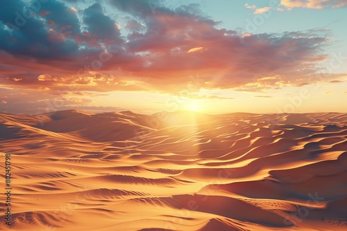 Sahara desert dunes with sand waves on sunset sky background © Alina