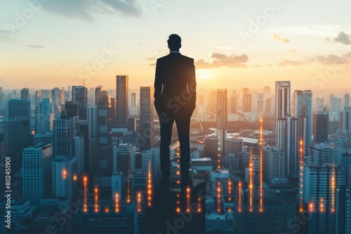 Businessman standing on the summit of a graphical chart, illustrating growth and success in his career photo
