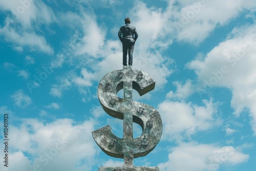 Businessman on the top of a giant dollar sign sculpture, illustrating financial success and wealth accumulation