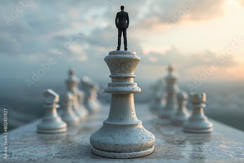 Businessman atop a giant chess piece in a strategic game setting, representing strategic planning and foresight