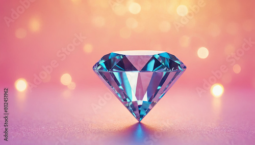A blue diamond gemstone resting on top of a wooden table in a simple setting