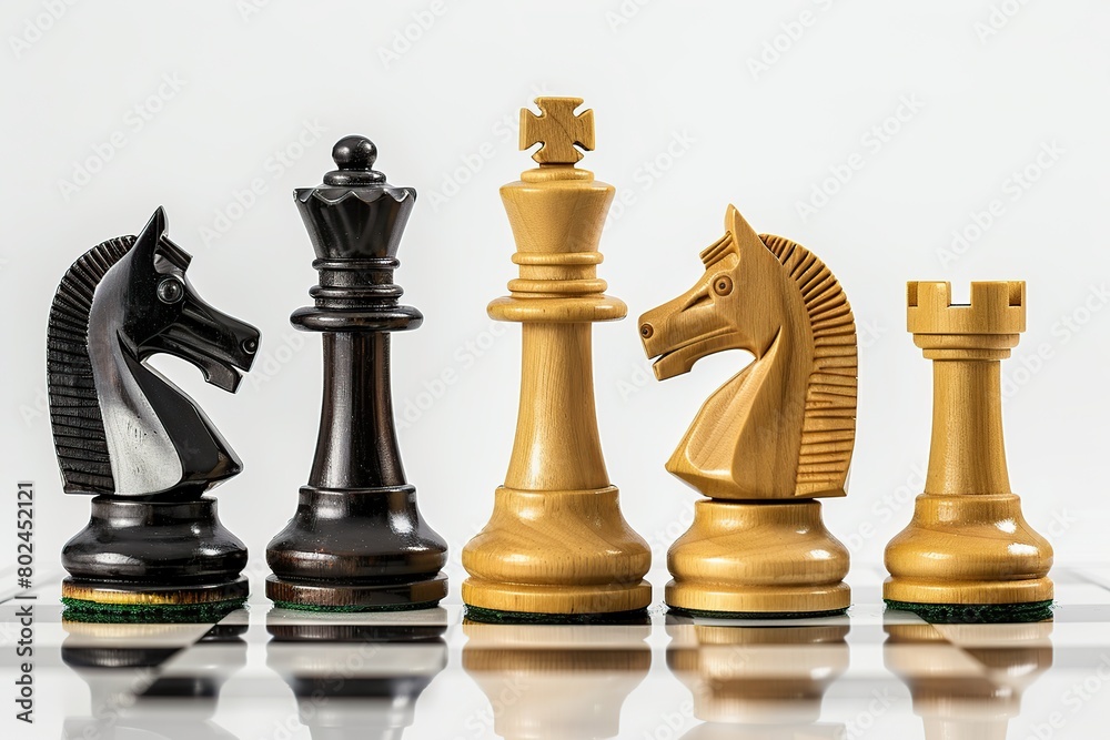 Chess pieces on chessboard on white background Chess pieces on chessboard on white background