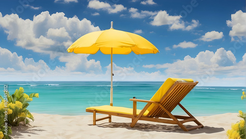 A welcoming yellow beach chair sits under a matching umbrella  offering a peaceful spot to enjoy the ocean view