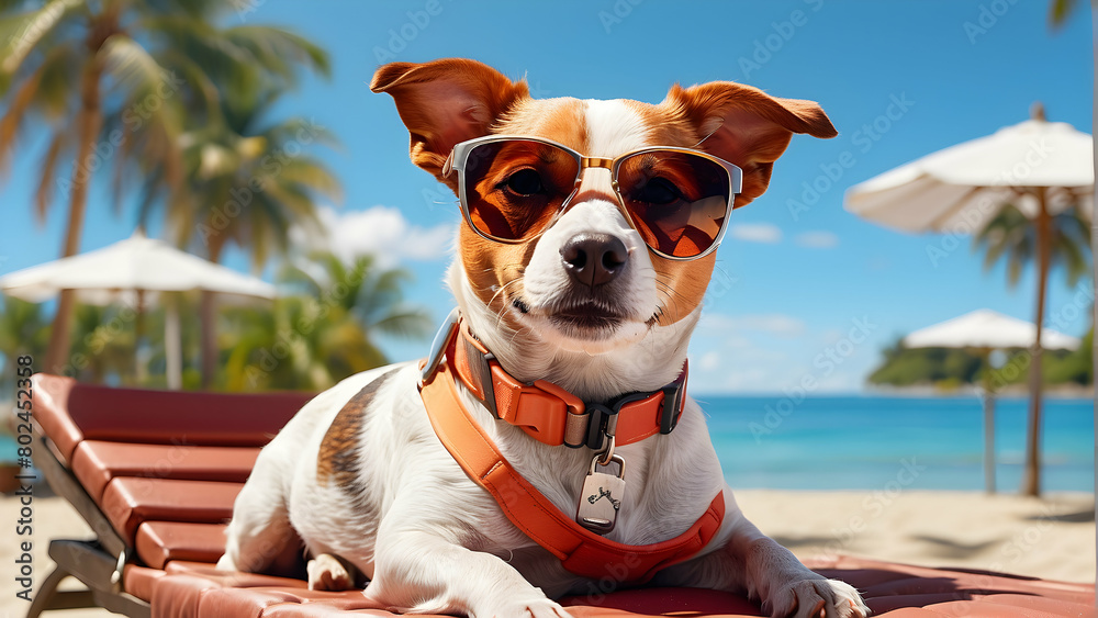 A charming depiction of a fashionable dog lounging on a beach chair wearing sunglasses, embodying leisure and cool vibes
