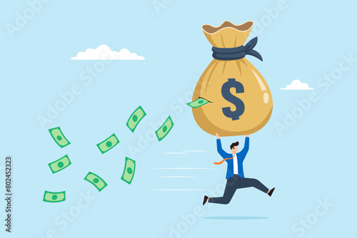 Businessman carries large money bag with banknotes falling out of big hole, illustrating losing money from investment mistakes. Concept of taxes, expenses, mutual fund costs and financial problems