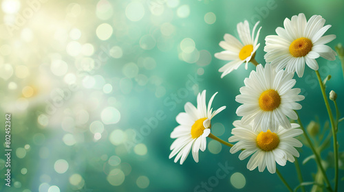 White daisies on a pale green background with bokeh and copy space © Apalko