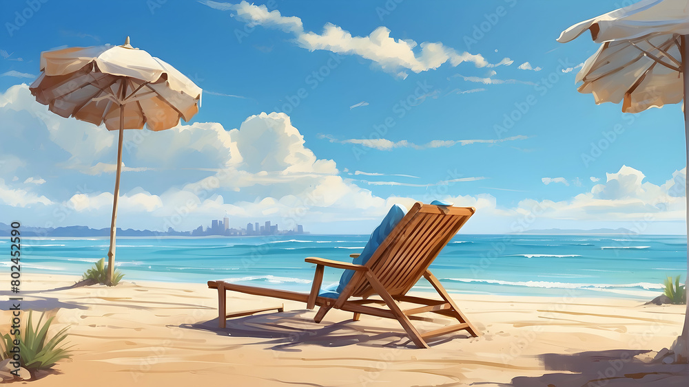 Digital painting of a beach scene with a lone chair and umbrella with a city skyline in the distance