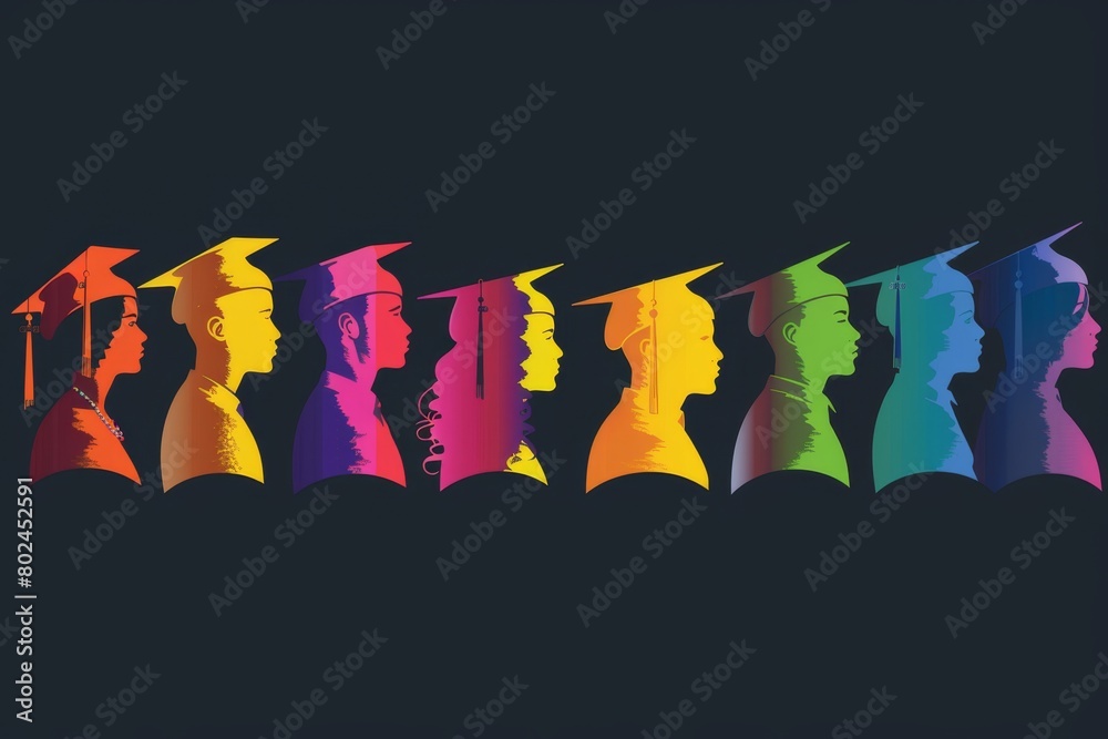 graphic of silhouette people wearing graduation caps in gradient colors from left to right against a black background with colorful styles Generative AI graphic of silhouette people wearing graduation caps in gradient colors from left to right against a black background with colorful styles Generative AI