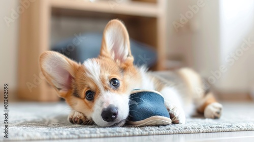 a cute corgi puppy as it romps with an old pair of blue slippers, radiating cuteness and liveliness in the soft glow of natural light. photo