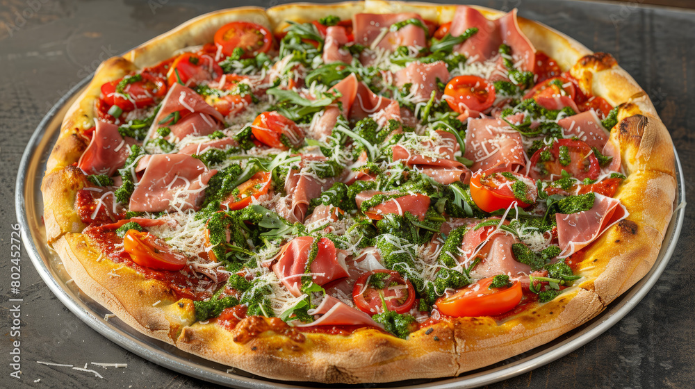 A mouthwatering pizza topped with savory prosciutto, ham, peppery arugula, juicy tomatoes, flavorful pesto, gooey cheese, and grated Parmesan cheese. A culinary delight from Italy A mouthwatering pizza topped with savory prosciutto, ham, peppery arugula, juicy tomatoes, flavorful pesto, gooey cheese, and grated Parmesan cheese. A culinary delight from Italy