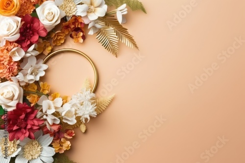 Paper cut flowers and leaves surround empty copy space. Mockup. Wedding and party decorations. Background for publications and presentations