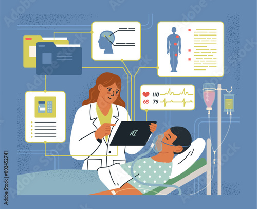 Doctor treating sick patient in reanimation using AI