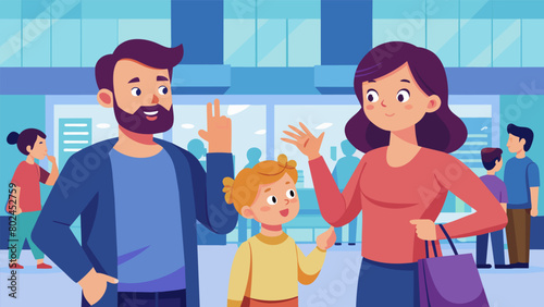 A parent and child using sign language to communicate in a crowded and noisy shopping mall.. Vector illustration