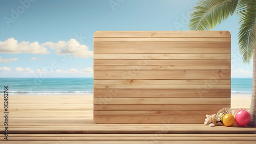 Empty wooden signboard on a tropical beachfront with space for customized text or advertisement photo