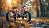 Hot pink toddler bicycle with streamers on the handles, parked at a sunny park, playful and fun, copy space for text