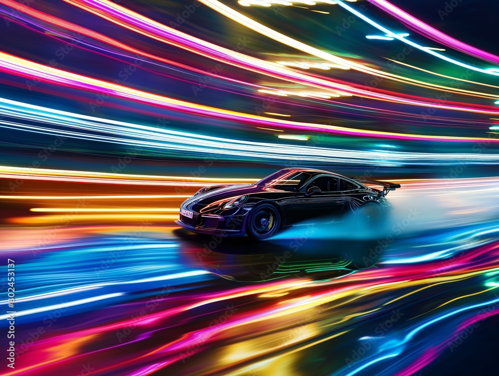 Black sports car in motion with colorful light streaks showcasing speed and technology.