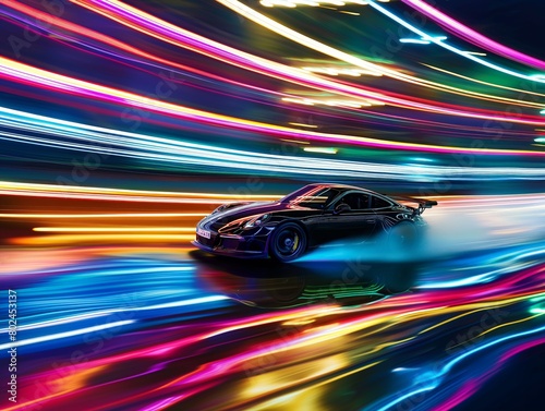Black sports car in motion with colorful light streaks showcasing speed and technology.