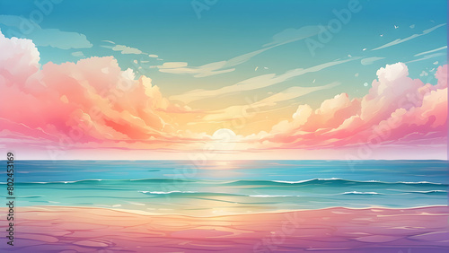 A beautiful pastel-colored sunset casts a serene glow over a calm ocean, with fluffy clouds scattered across the sky photo