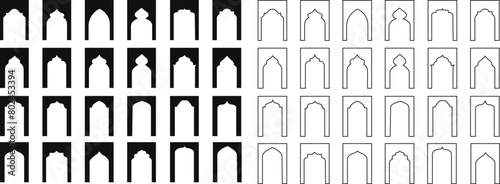 Arabic arch window and doors black set. Traditional and culture Vector isolated on transparent background. Collection of patterns in oriental style. Frames in Islamic Muslim design for Ramadan Kareem.
