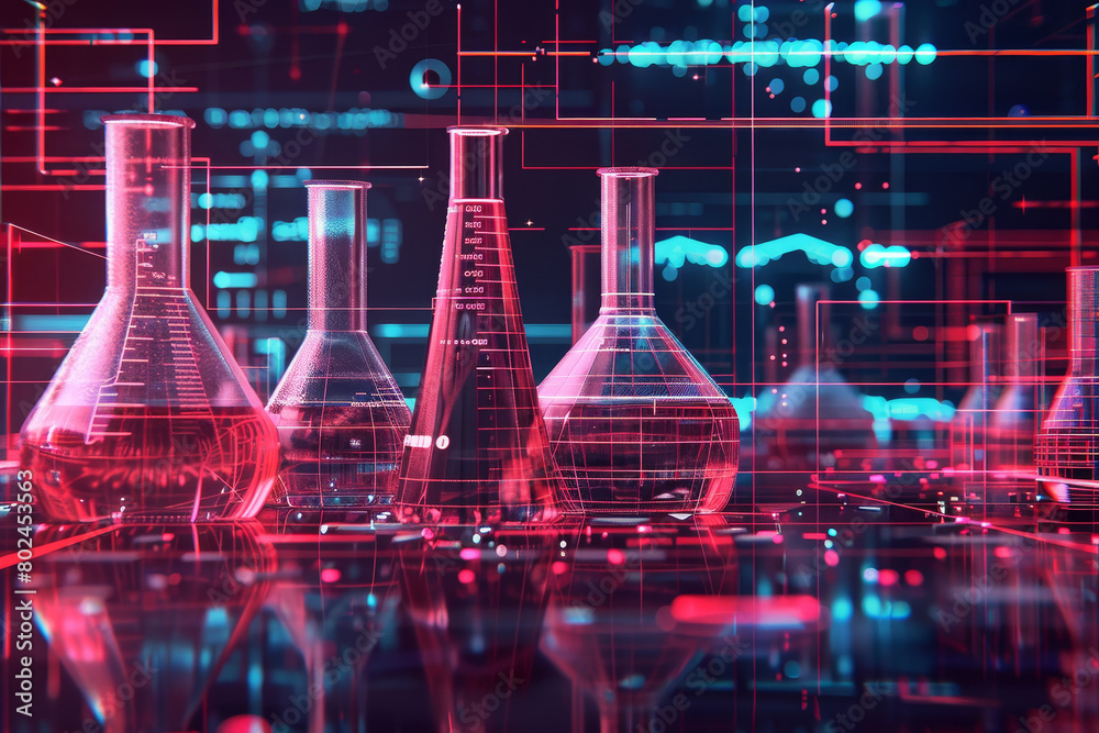 A group of beakers and test tubes are shown in a computer-generated image A group of beakers and test tubes are shown in a computer-generated image