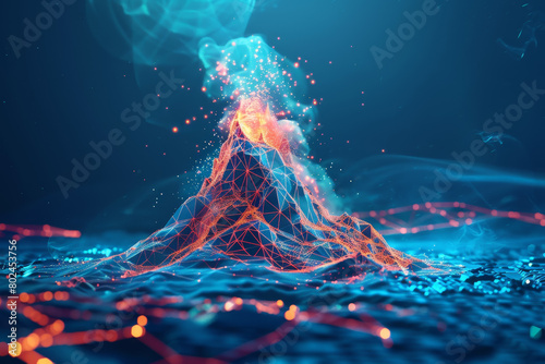 A volcano with a red and orange lava flow photo