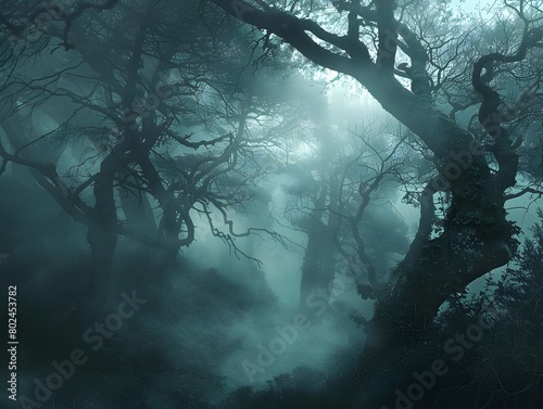 Enigmatic Forest with Mist and Twisted Trees