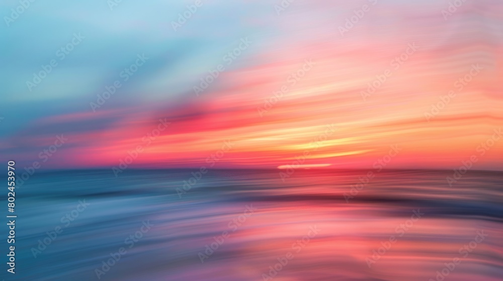 A dreamy, blurry photo capturing the red sky at morning above the ocean. The sun is setting, painting the sky in shades of orange and red, creating a beautiful natural landscape AIG50