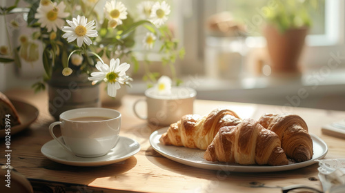 A table set for breakfast with croissants and a cup of coffee. The kitchen has a cozy atmosphere with soft light filtering through the window.