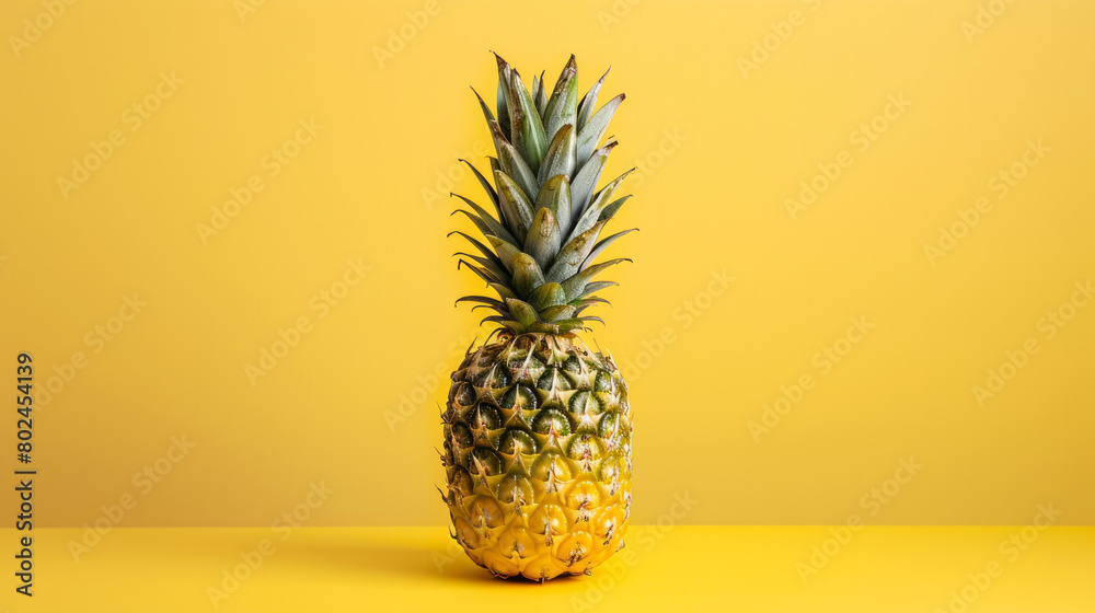 A whole pineapple on a plain bright yellow background, depicting a minimalist fruit theme. A whole pineapple on a plain bright yellow background, depicting a minimalist fruit theme.