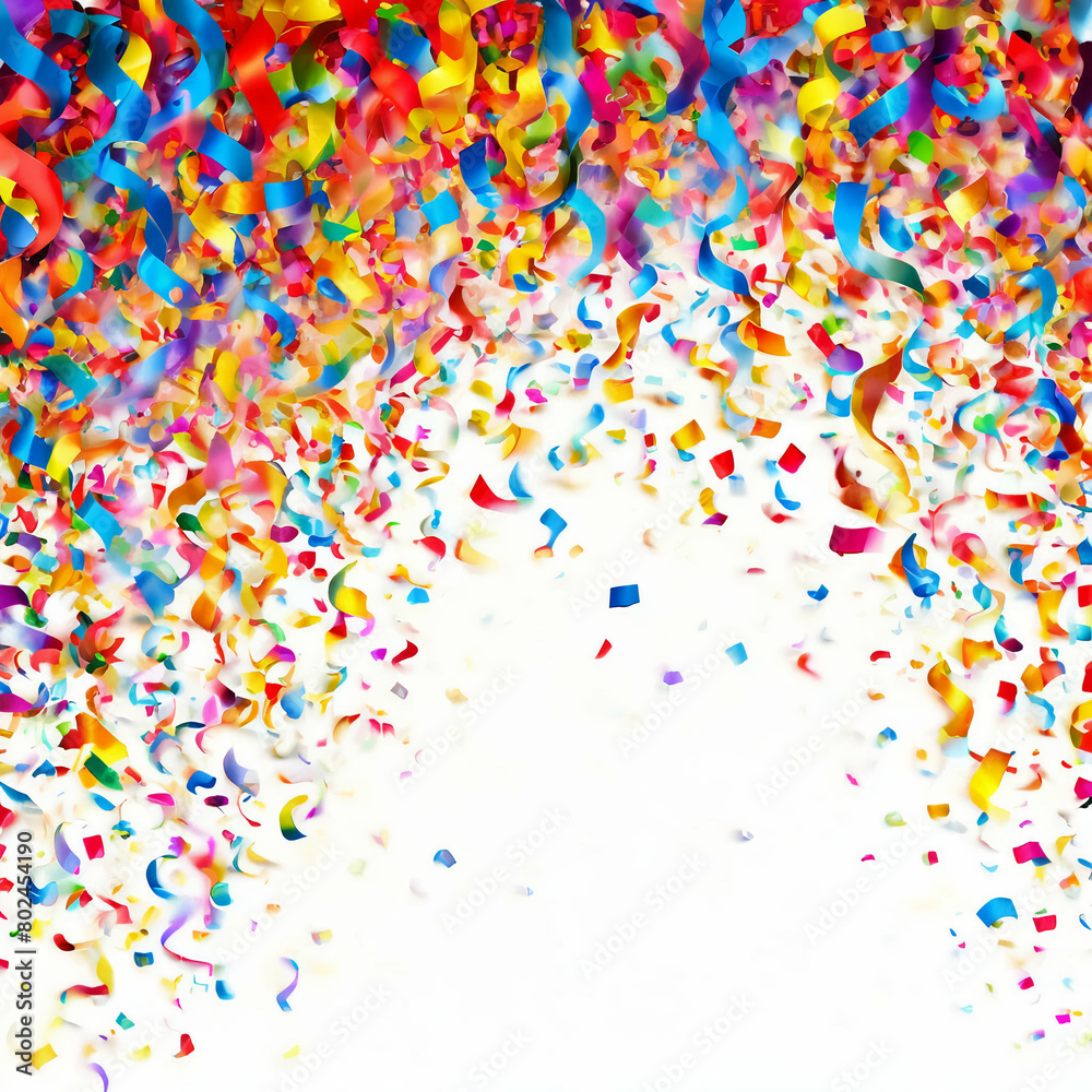 Fototapeta premium Colorful Confetti, Stars, and Ribbons Illustration: Festive Template Design with Flying Elements