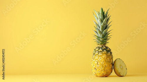 A whole pineapple on a plain bright yellow background, depicting a minimalist fruit theme.