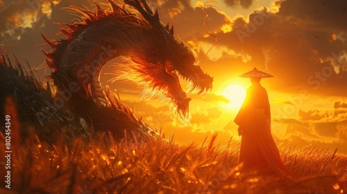 illustration Silhouette of a demon samurai in a fighting stance, behind him is a huge golden dragon by the magic of the sun, standing at sunset photo